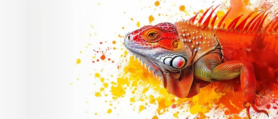  A chamelon on a white background, with orange and red splatters