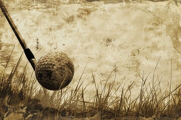 Golf club and ball stylized clipart sepia shading grass texture - obrazy, fototapety, plakaty