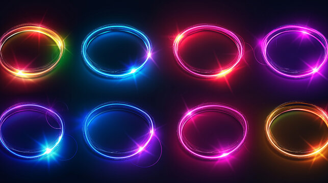 Set of glowing neon color circles round curve shape with wavy dynamic lines isolated on black background technology concept.