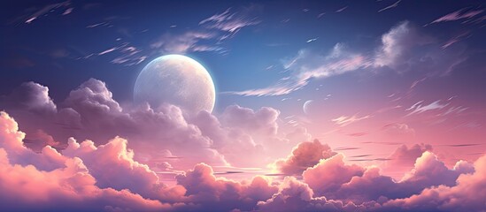 A full moon is ascending in the cloudy sky, creating a calm atmosphere over the natural landscape. Cumulus clouds are adding drama to the dusk horizon - obrazy, fototapety, plakaty