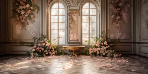 Luxury Palace Interior decorated with pink roses flowers. Wedding Interior background