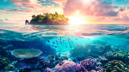 Fototapeta na wymiar A coral reef stretches underwater with a small tropical island in the distance
