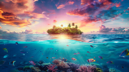 A coral reef stretches beneath the clear blue waters, with a small tropical island visible in the background - obrazy, fototapety, plakaty
