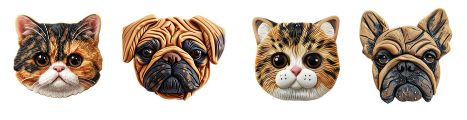 Refrigerator clay magnets decoration set. Cute kitty and dog  face collection