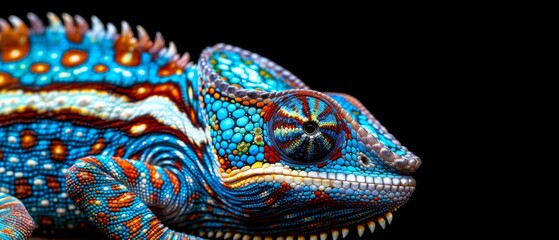  Close-up image of chameleon's head and body on a black background with orange, blue, yellow color scheme