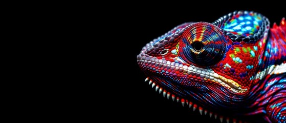  Close-up of a colorful chameleon's head on a black background
