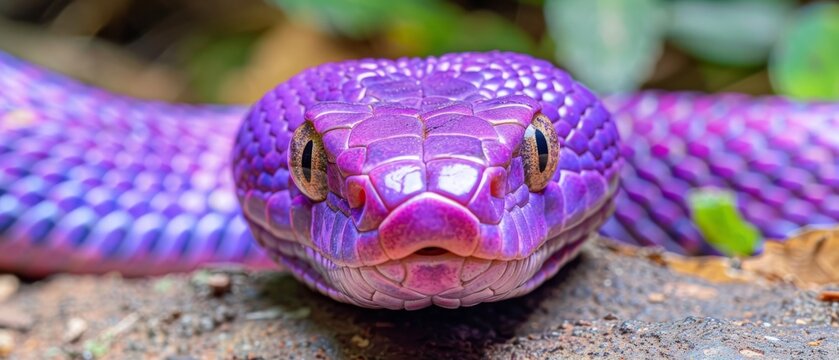  Close-up photo of purple snake's head, surrounded by green foliage