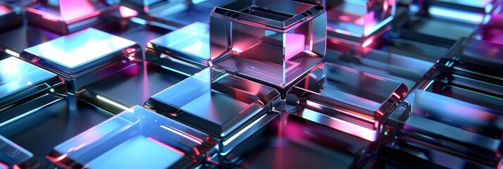 Abstract render of colorful glass geometric shapes with reflective surfaces. Vibrant and reflective glass contrast against geometric shapes, creating an abstract and futuristic atmosphere. 