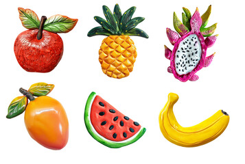 Refrigerator magnets decoration set. Tropical fruts, vegetarian, vegan art