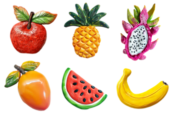 Refrigerator magnets decoration set. Tropical fruts, vegetarian, vegan art