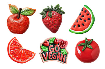 Naklejka premium Refrigerator magnets decoration set. Fruts and vegetable, vegetarian, vegan art concept