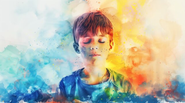 Caucasian boy with closed eyes, overlaid with vibrant watercolor splashes, representing creativity or imagination concept