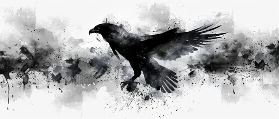  Black and white bird on white background, abstracted by splashes of paint