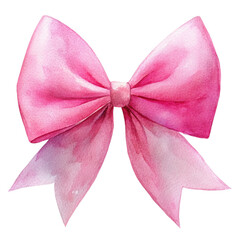 Watercolor pink bow isolated on transparent background.