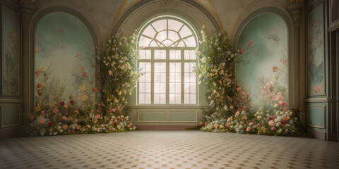 Luxury Palace Interior. Wedding Interior with big window and green walls decorated with frescoes and murals pink roses and flowers compositions