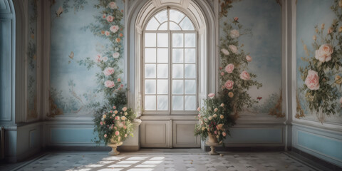 Luxury Palace Interior. Wedding Interior with big window and blue walls decorated with frescoes and murals pink roses and flowers compositions