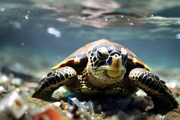 Sea pollution impacts marine environment visible in photo of turtle swimming amidst plastic waste and debris With copyspace for text Generative AI