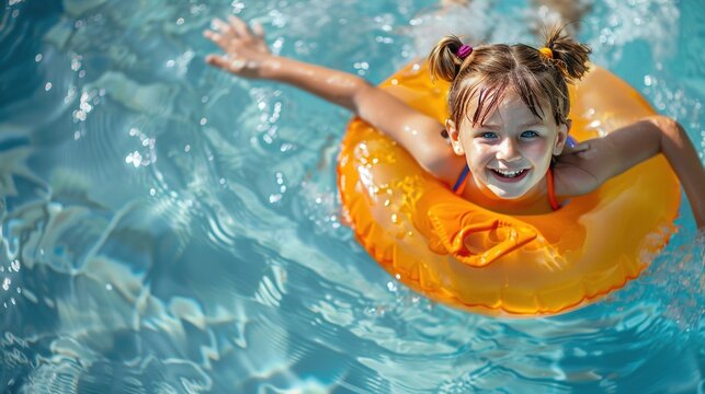 A dynamic image capturing the pure delight of a little girl as she twirls around in a pool with an inflatable ring, rendered in high-definition realism reminiscent of National Geographic's photography