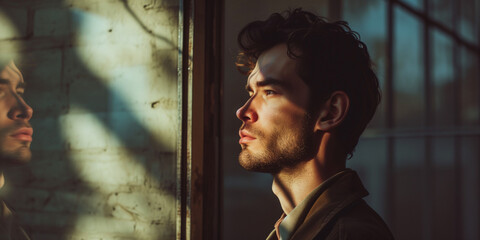 Young man in a thoughtful pose by the window, shadows and light playing across his face