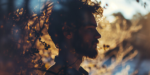Side profile of a young man with a beard, with the sun creating a radiant halo through the foliage