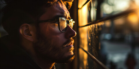 Young man with glasses lost in thought, golden sunset reflecting off the window into his eyes