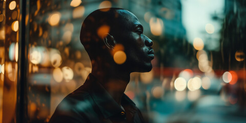 African American man's silhouette against an urban backdrop of bokeh lights, in contemplative mood