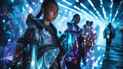 Futuristic fashion show with models in high-tech outfits on illuminated runway - obrazy, fototapety, plakaty