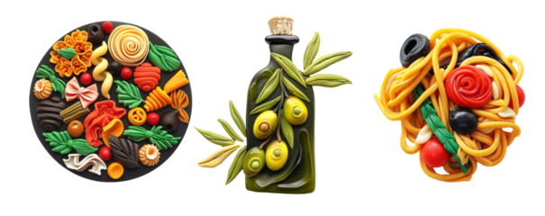 Refrigerator clay magnets decoration set. Traditional italian food collection