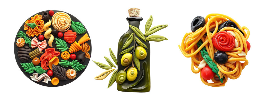 Refrigerator clay magnets decoration set. Traditional italian food collection