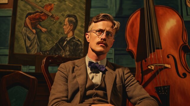 A man in a suit and bow tie sits in front of a painting of a man playing a violin
