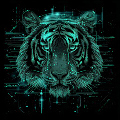 Cybernetic tiger concept with neon lines and futuristic implants