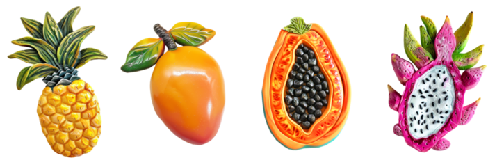 Refrigerator clay magnets decoration set. Tropical fruits collection