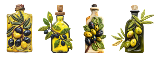 Refrigerator clay magnets decoration set. Olive oil bottle collection