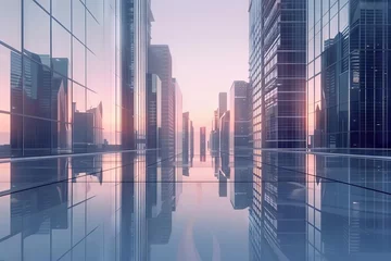 Foto op Canvas Reflective Skyscraper Office Buildings, Modern City Urban Landscape, 3D Illustration © furyon