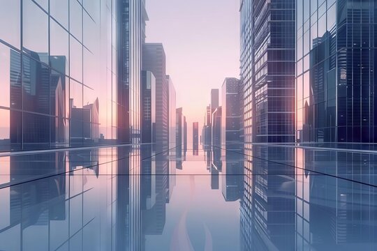 Reflective Skyscraper Office Buildings, Modern City Urban Landscape, 3D Illustration