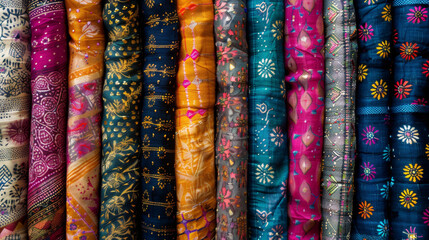 Colorful Indian textiles showcasing traditional block prints and patterns - obrazy, fototapety, plakaty