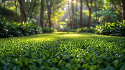 Vibrant Green Lawn Surrounded by Trees and Bushes - 766331233