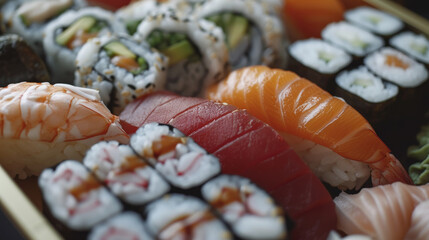 Delectable assortment of sushi rolls and sashimi perfect for food enthusiasts