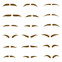 Set of cartoon eyebrow shapes, thin, thick and curved eyebrows. Classic eyebrows, eyebrow makeup shaping vector illustration set. Various types of brown eyebrows