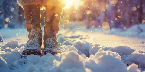 Winter Warmth: Snow-Covered Boots in Sunset Light. Close-up of classic felt winter boots against snow background. - obrazy, fototapety, plakaty