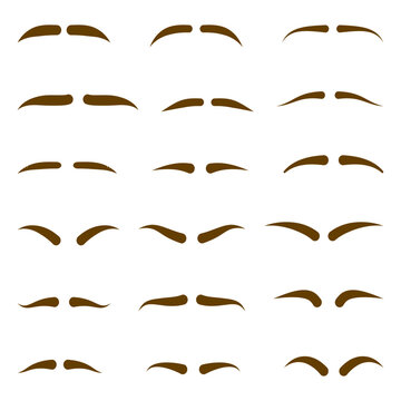 Set of cartoon eyebrow shapes, thin, thick and curved eyebrows. Classic eyebrows, eyebrow makeup shaping vector illustration set. Various types of brown eyebrows