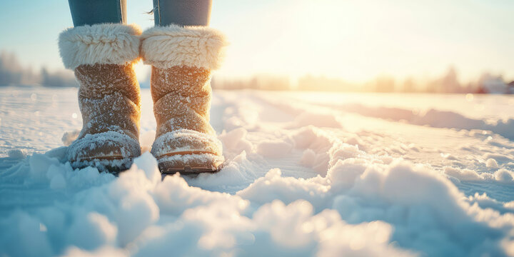 Winter Warmth: Snow-Covered Boots in Sunset Light. Close-up of classic felt beige winter boots against snow background.