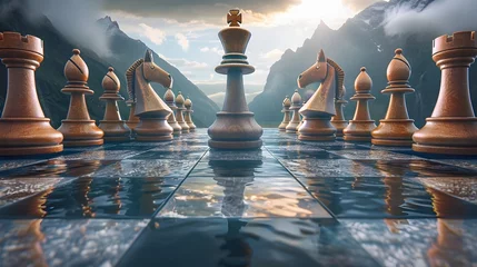 Fotobehang Fantastical Chess Game Represents Business Strategies and Challenges in Dramatic Mountainous Landscape © Meta