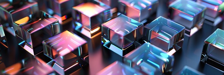 Abstract render of colorful glass geometric shapes with reflective surfaces. Vibrant and reflective glass contrast against geometric shapes, creating an abstract and futuristic atmosphere. 