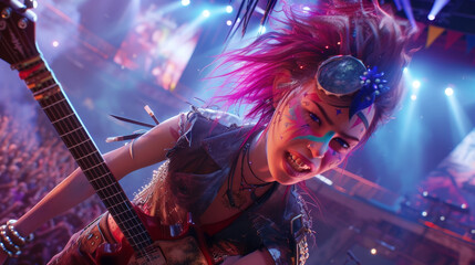 Punk rock guitarist electrifying a crowd at a vibrant concert - obrazy, fototapety, plakaty