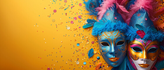 Close-up of festive carnival masks with blue and red feathers on a vivid yellow background, hinting at luxury and celebration - obrazy, fototapety, plakaty