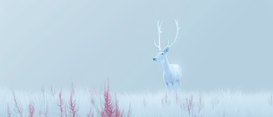 White deer in field with tall grass, foggy sky background