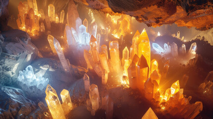 Stunning photorealistic cave filled with radiant crystals - obrazy, fototapety, plakaty