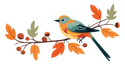 Bird with green leaves branch  autumn. flat vector 