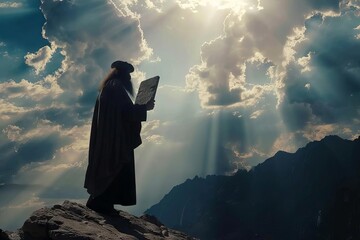 silhouette of prophet moses holding stone tablet with ten commandments, mountaintop, cloudy sky, sunbeams, epic - obrazy, fototapety, plakaty